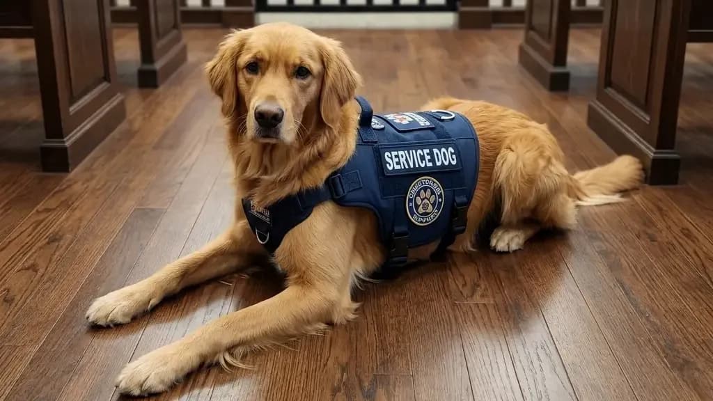 Service dog wearing vest sitting in courtroom.